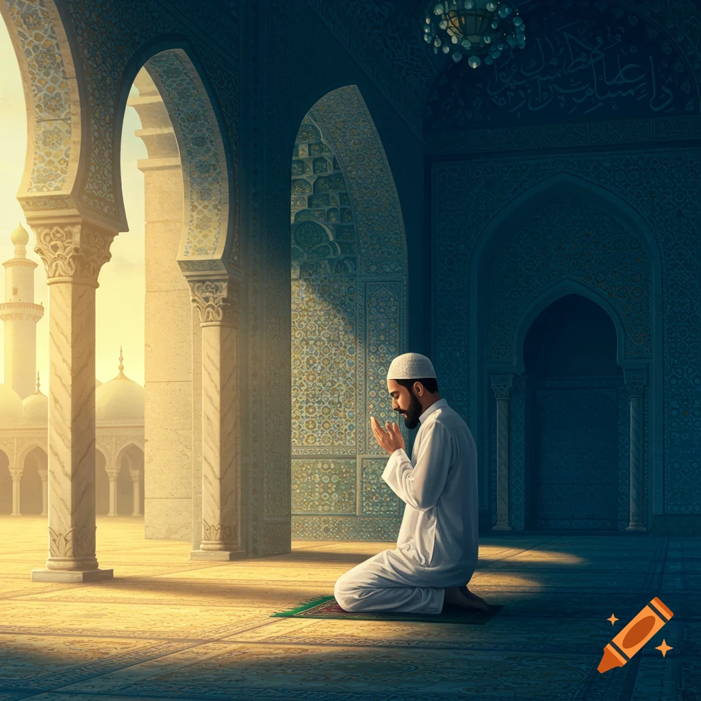 A Muslim man performing Salah inside a mosque
