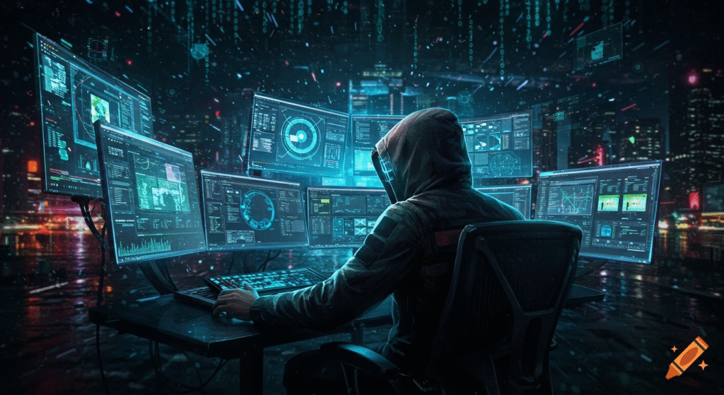 Hacker using multiple monitors to perform cyberattack in dark environment