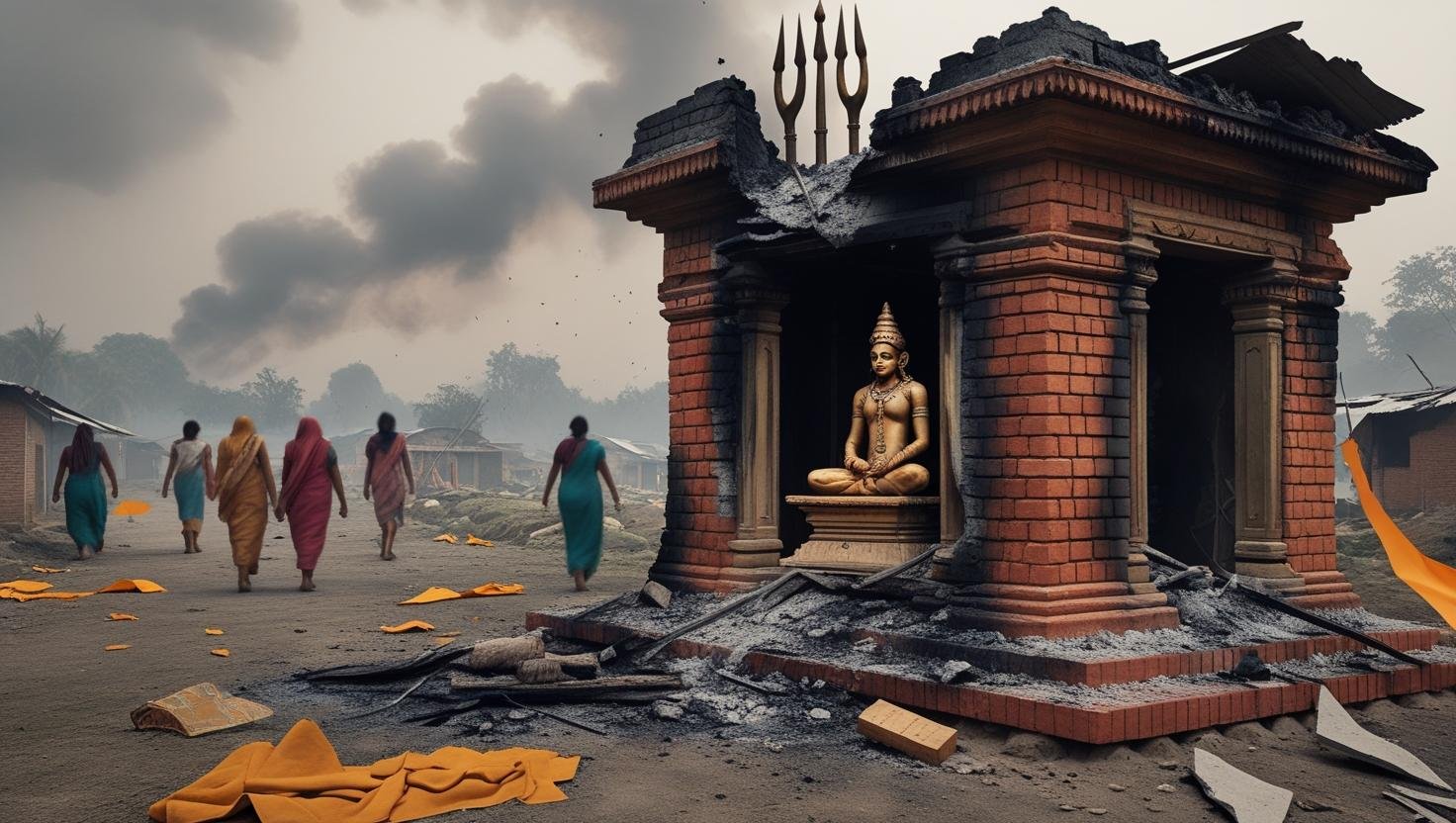 Damaged Hindu temple in Bangladesh with smoke and fleeing villagers in the background