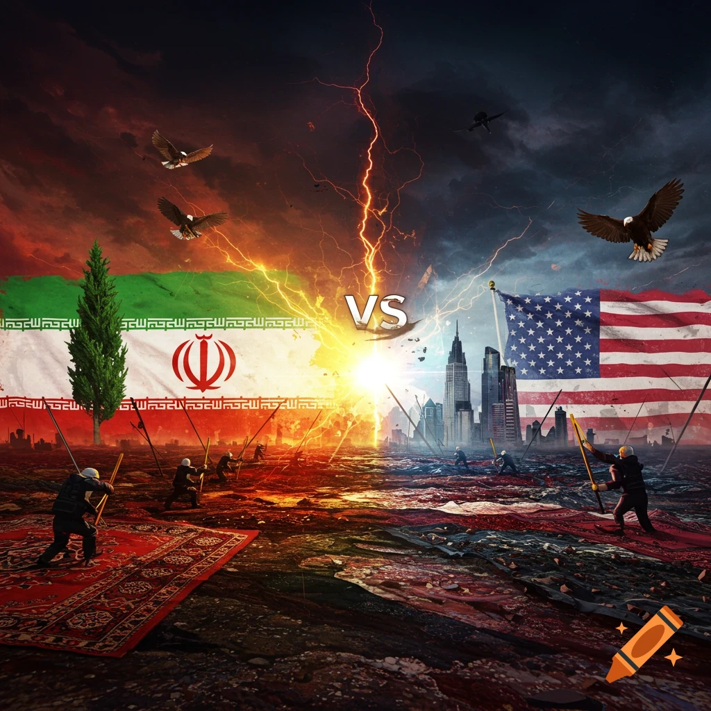 Illustration of US fighter jets bombing Iranian nuclear facilities at Fordow, Natanz, and Isfahan during 2025 airstrikes