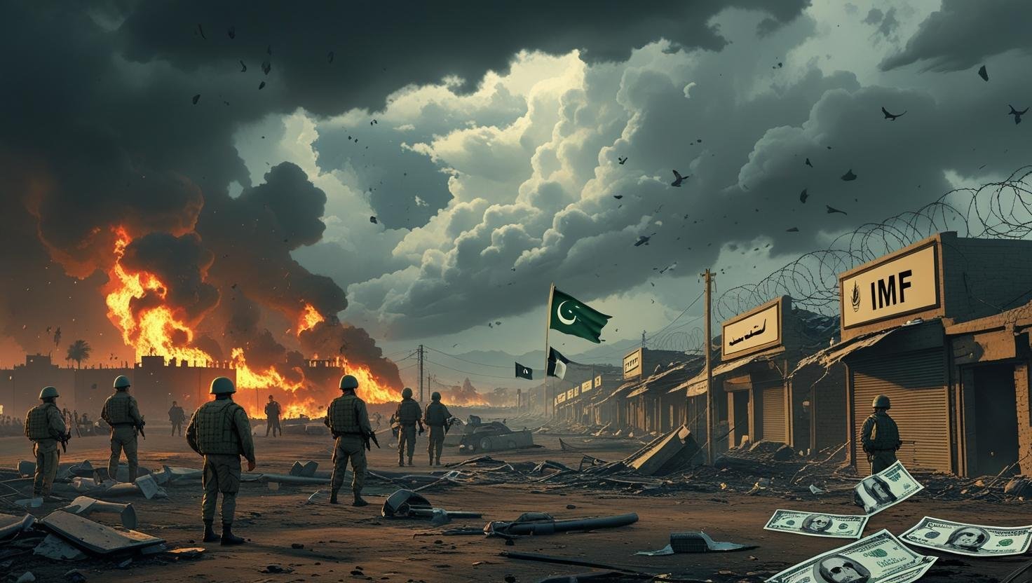 Cracked map of Pakistan under storm clouds with soldiers, smoke, and economic collapse symbols representing the Pakistan crisis 2025.