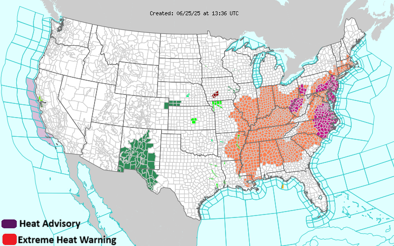 Weather alert map showing Extreme Heat Warning and Heat Advisory across U.S. regions — visual support for heat warning tips.