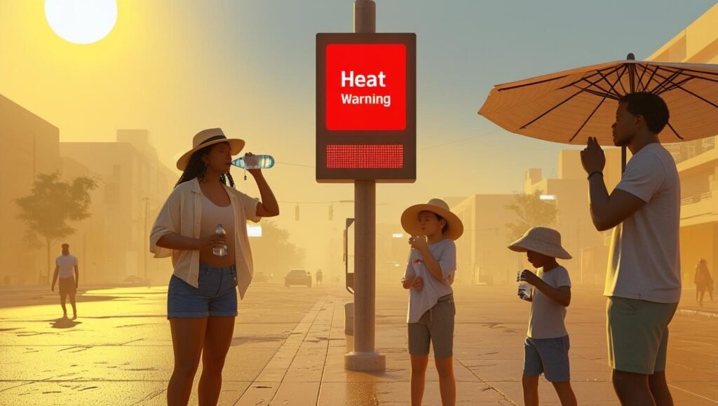People following heat warning tips during a heatwave: drinking water, using umbrellas, and wearing light clothing under a heat alert in a city setting.