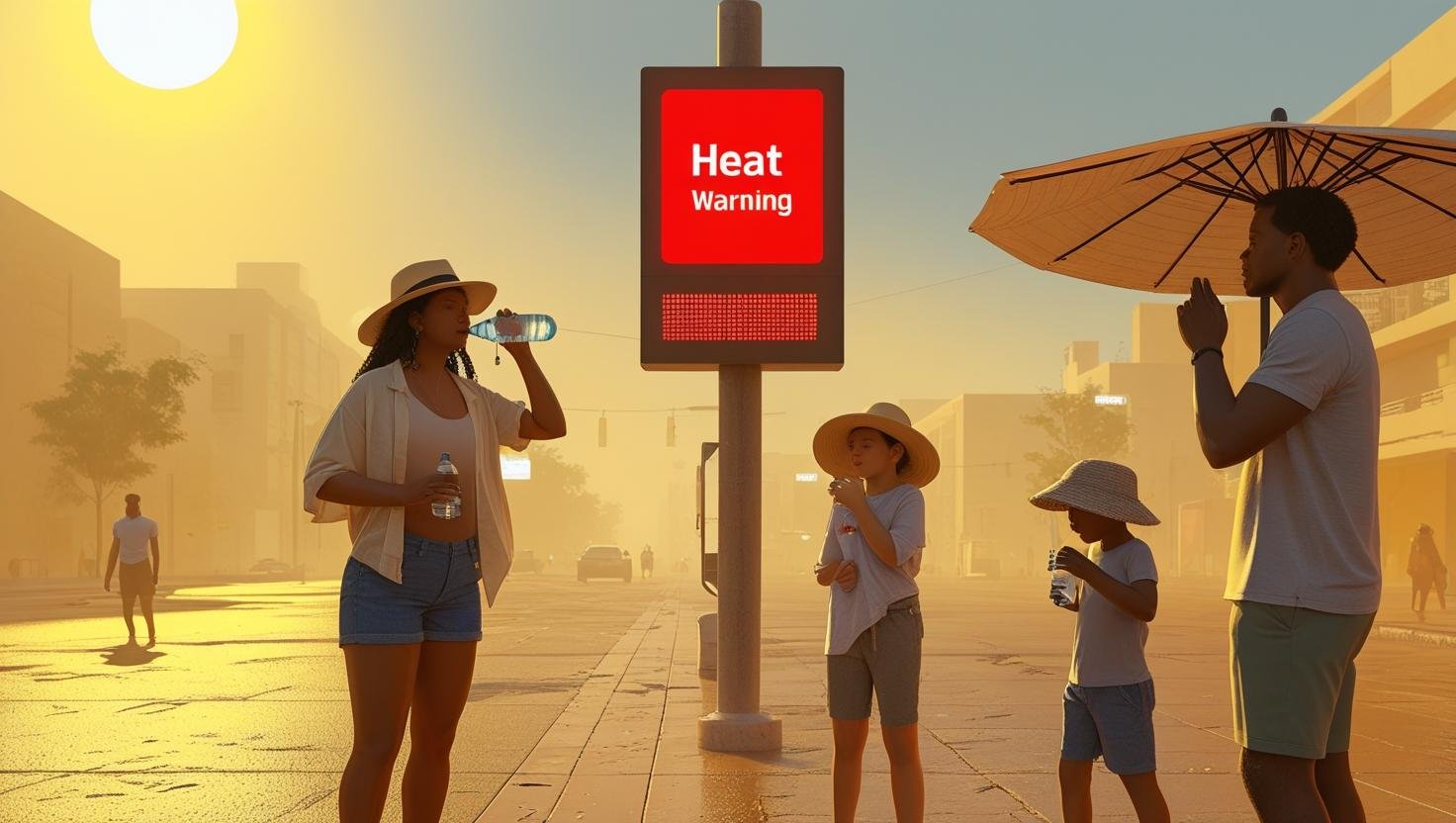 People following heat warning tips during a heatwave: drinking water, using umbrellas, and wearing light clothing under a heat alert in a city setting.