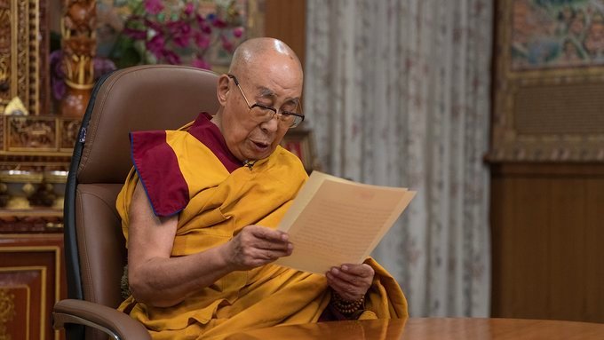 Portrait of the 14th Dalai Lama with a public statement affirming the continuation of the Dalai Lama institution, dated May 21, 2025.