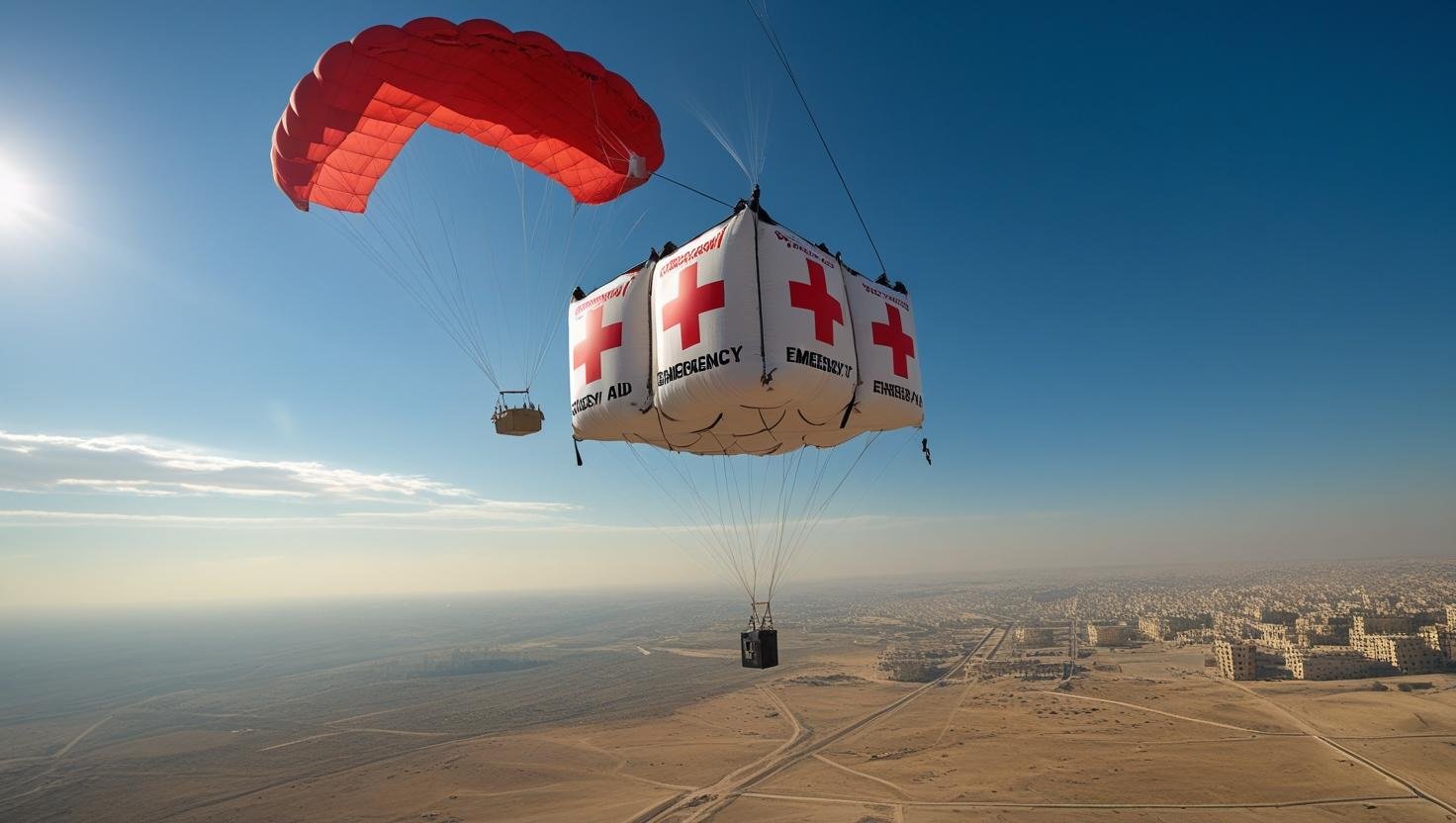 Emergency aid supplies airdropped into Gaza during humanitarian crisis, showing parachutes delivering food packages