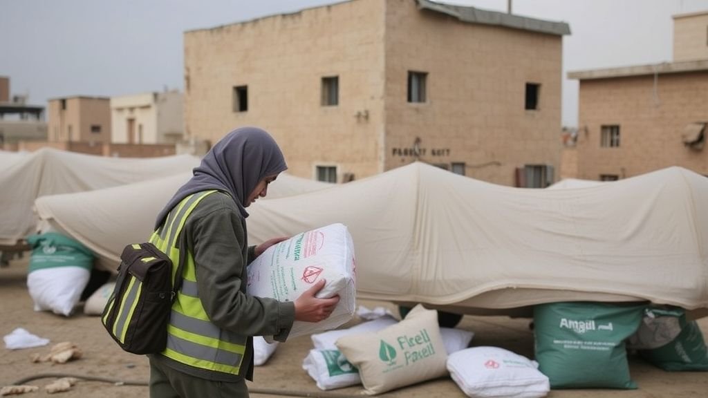 Gazan woman holding emergency aid parcel with parachuted food supplies scattered in the background