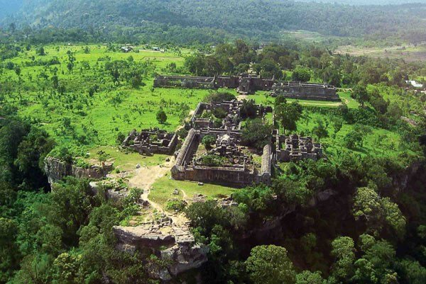 Aerial view of Preah Vihear Temple on the cliffside border between Cambodia and Thailand, symbolizing the Cambodia Thailand Temple Conflict.