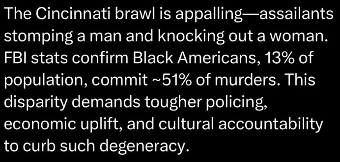 Quote image referencing the Viral Cincinnati Violence and FBI crime stats, calling for policing reform and cultural accountability.