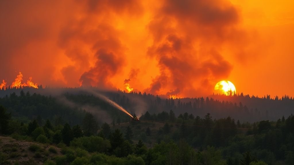 Aerial view of Turkey wildfire prevention efforts near a forest and village.