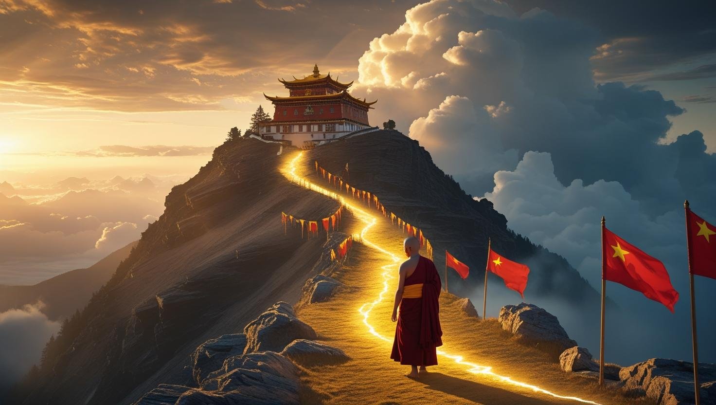 Illustration of Tibetan monastery with two spiritual paths symbolizing the new Dalai Lama succession crisis