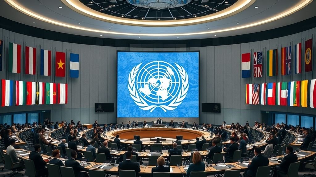 AI-generated illustration of the United Nations assembly representing the Luai Ahmed UN speech on Yemen, Sudan, and Syria.