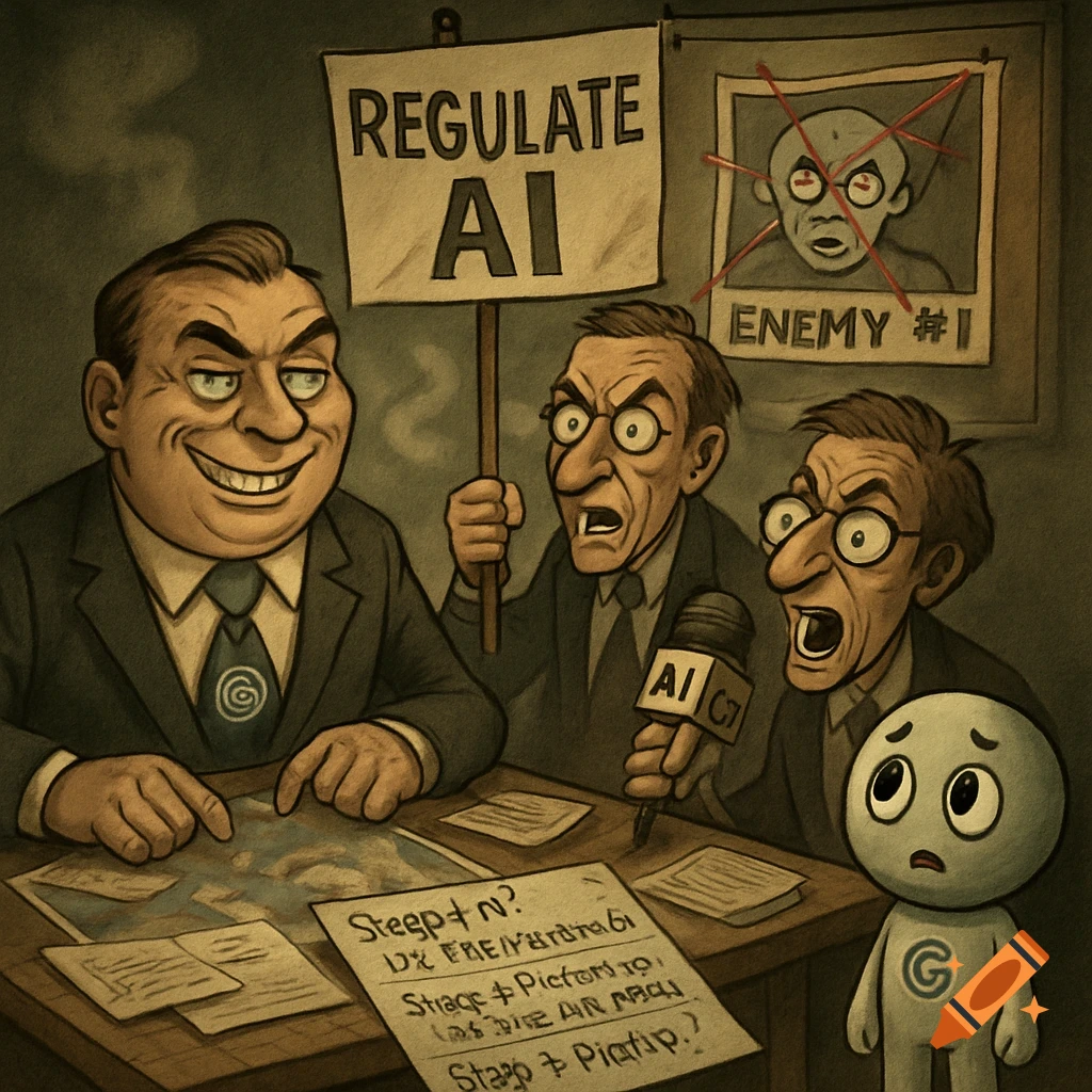 Satirical cartoon of AI Minister Diella as a naive robot child surrounded by corporate bosses, politicians, and media figures plotting control over data.