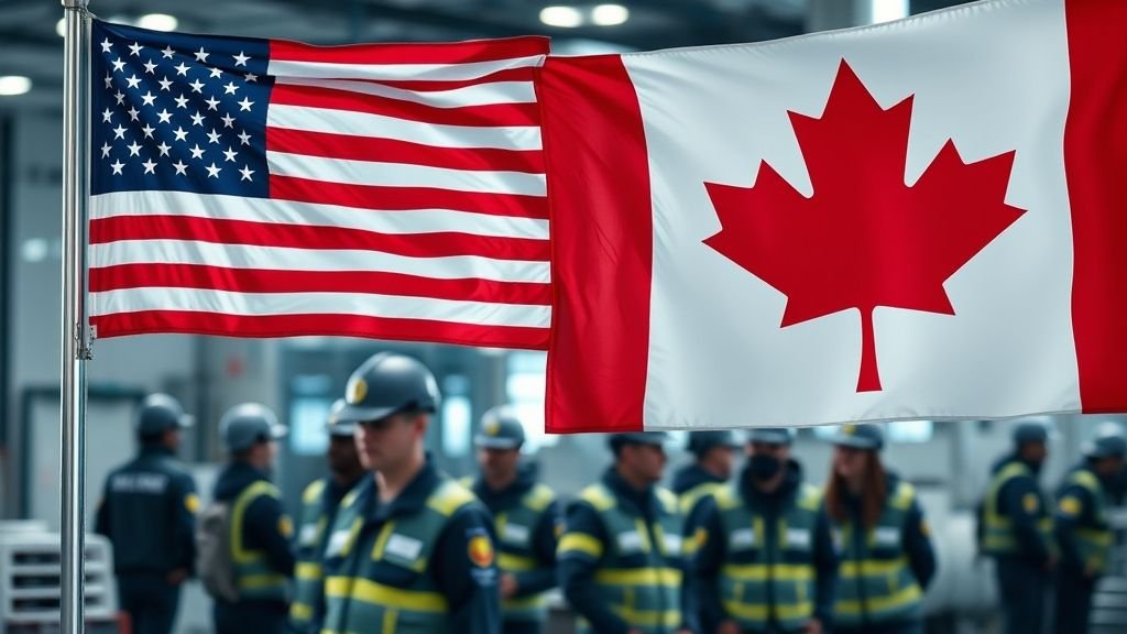 American and Canadian flags with tech workers in the background representing global talent migration for Canada H-1B opportunity.