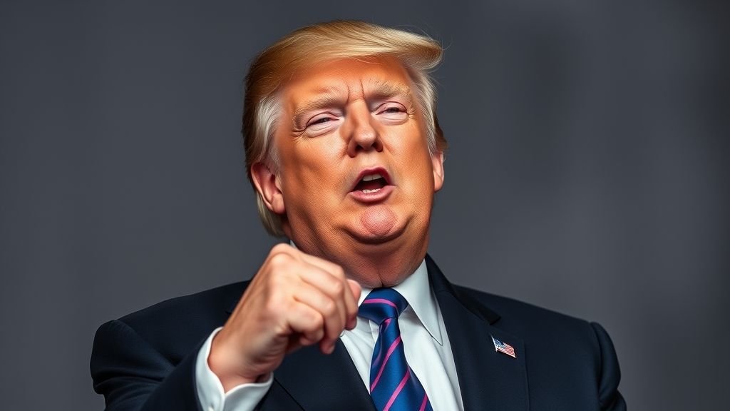 AI-generated illustration of Donald Trump showing arrogance and egotistical behavior at a press conference.