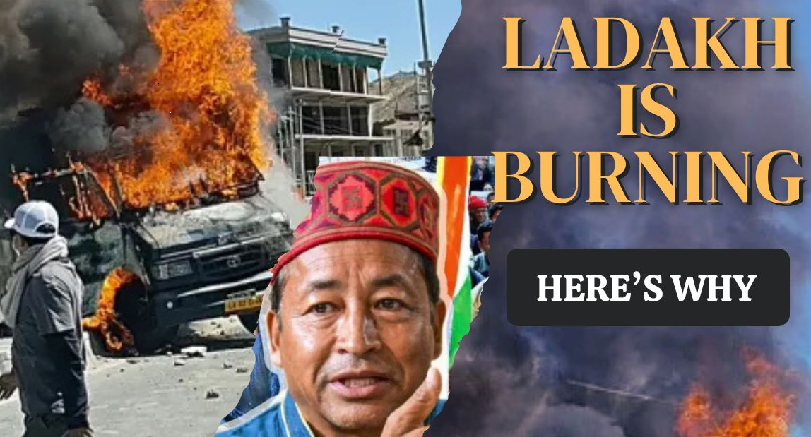 Burning truck during Ladakh protests, showing intense unrest in Leh.