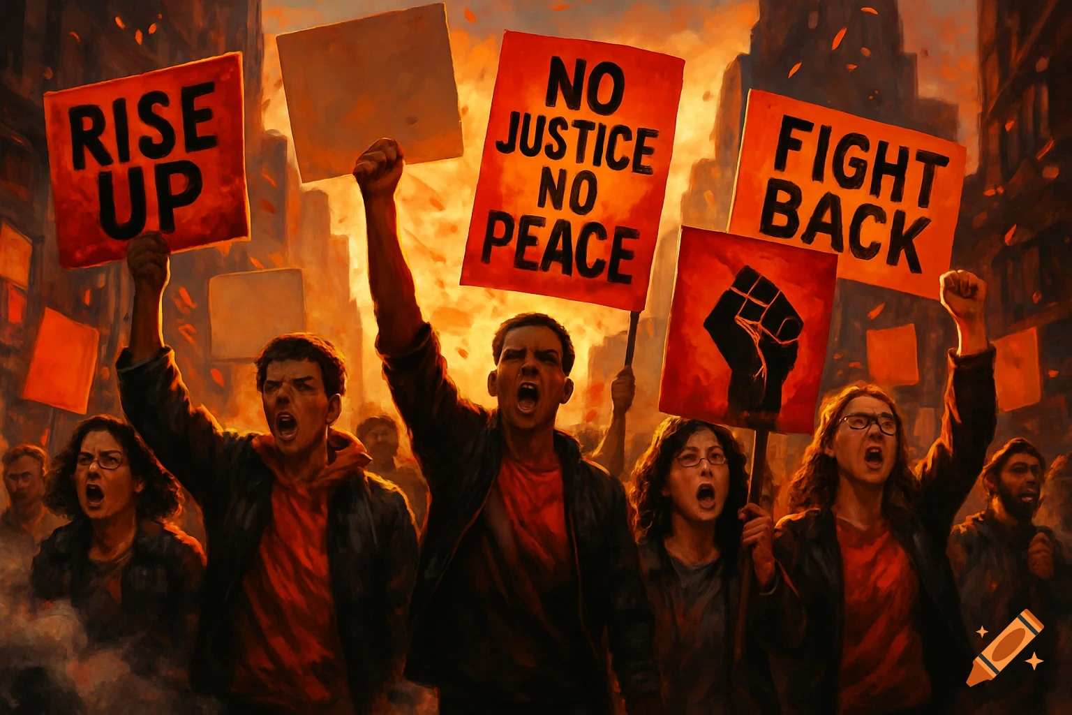 Crowd of protesters holding red signs with phrases like ‘RISE UP’, ‘NO JUSTICE NO PEACE’, and ‘FIGHT BACK’ during London Protests 2025