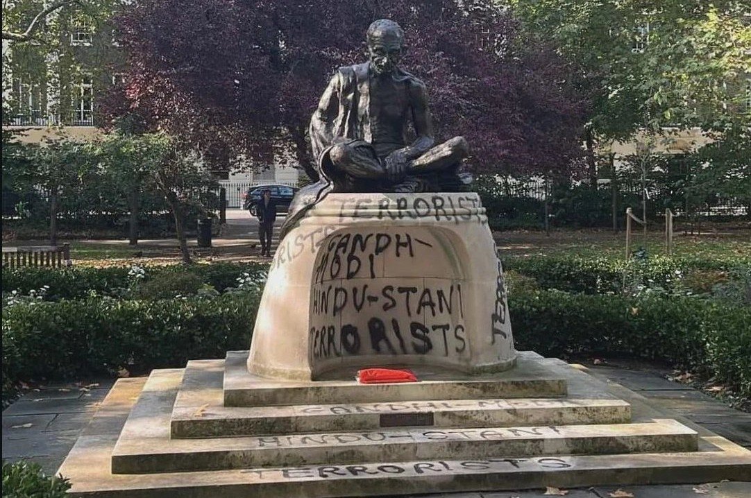 Mahatma Gandhi statue vandalised with white paint and anti-India graffiti in Tavistock Square, London