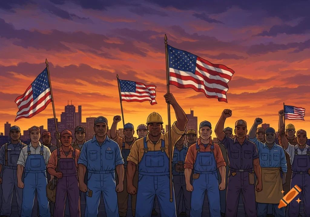 Cartoon of diverse American workers at a Detroit rally holding flags, symbolizing unity and U.S. workforce for H-1B Visa Policy article.