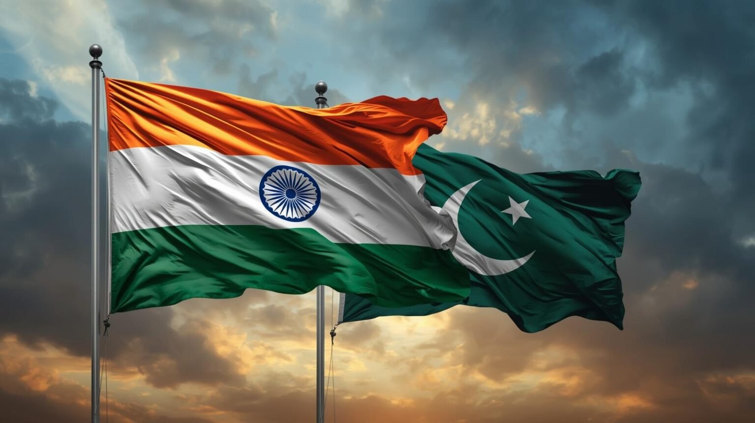 Vividly rendered Indian and Pakistani flags snapping in a strong wind, with people standing behind them looking sad and emotional, symbolizing the emotional and dramatic atmosphere of India vs Pakistan.