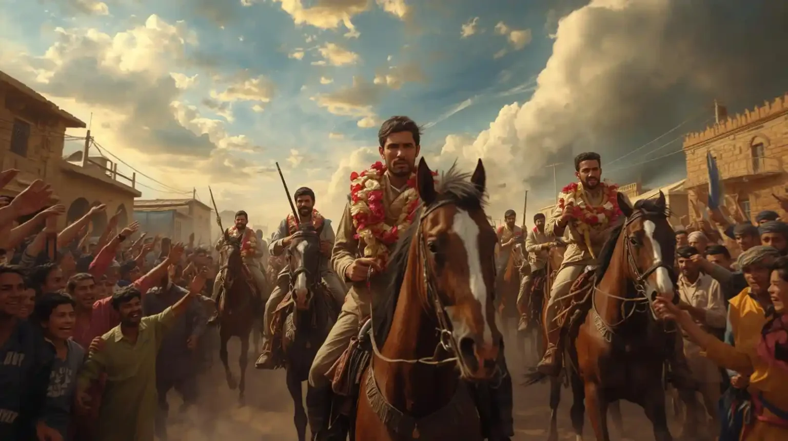 Afghan fighters returning home on horses, villagers cheering