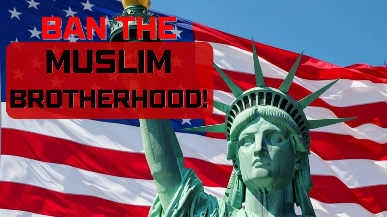 Statue of Liberty with American flag background and text overlay reading "Ban the Muslim Brotherhood"