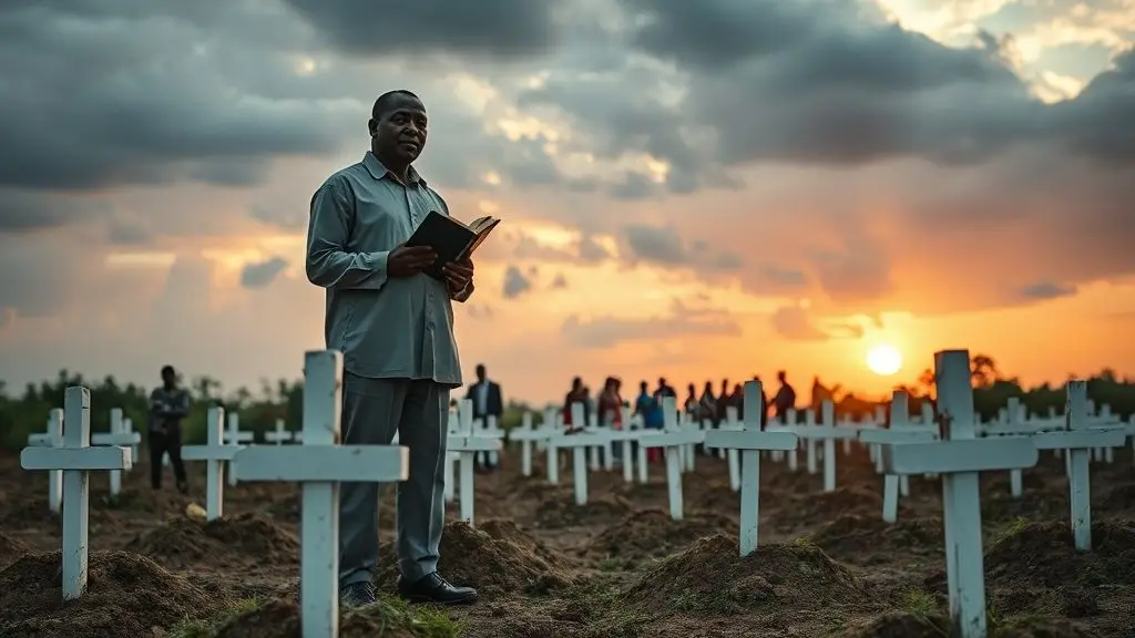 Rev. Ezekiel Dachmo stands beside graves of Christians in Nigeria after deadly attacks, symbolizing the ongoing persecution and violence against Christian communities.