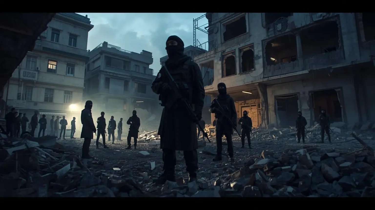 Masked Hamas fighters in a Gaza City square amid ruins