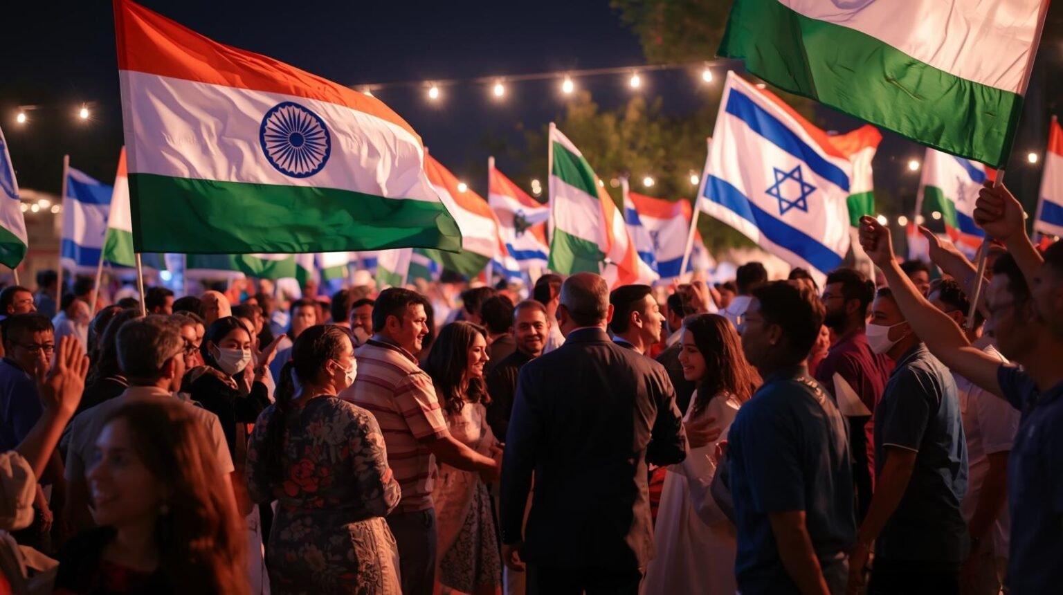 Celebration of India-Israel friendship with waving flags and people exchanging greetings.