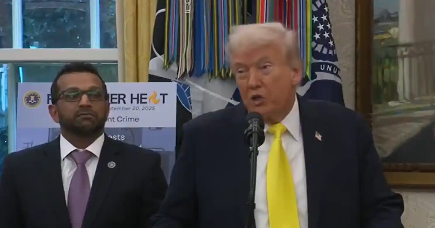 Donald Trump speaking at a press conference on India-Russia oil trade