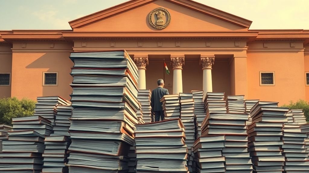 A symbolic illustration showing piles of pending case files in front of an Indian courtroom representing the Indian courts backlog.