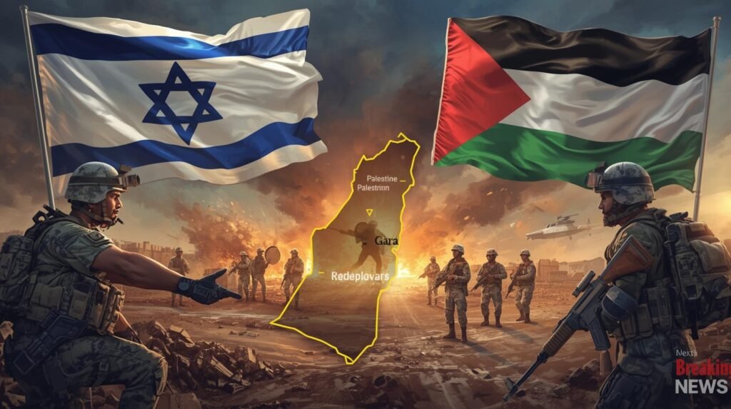 Israel-Gaza ceasefire announced with IDF redeployment and hostage release plan, showing flags and Gaza map outline.