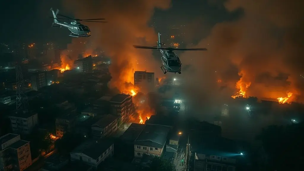 Aerial view of Rio de Janeiro favelas with fires and police during the Janeiro police raid.