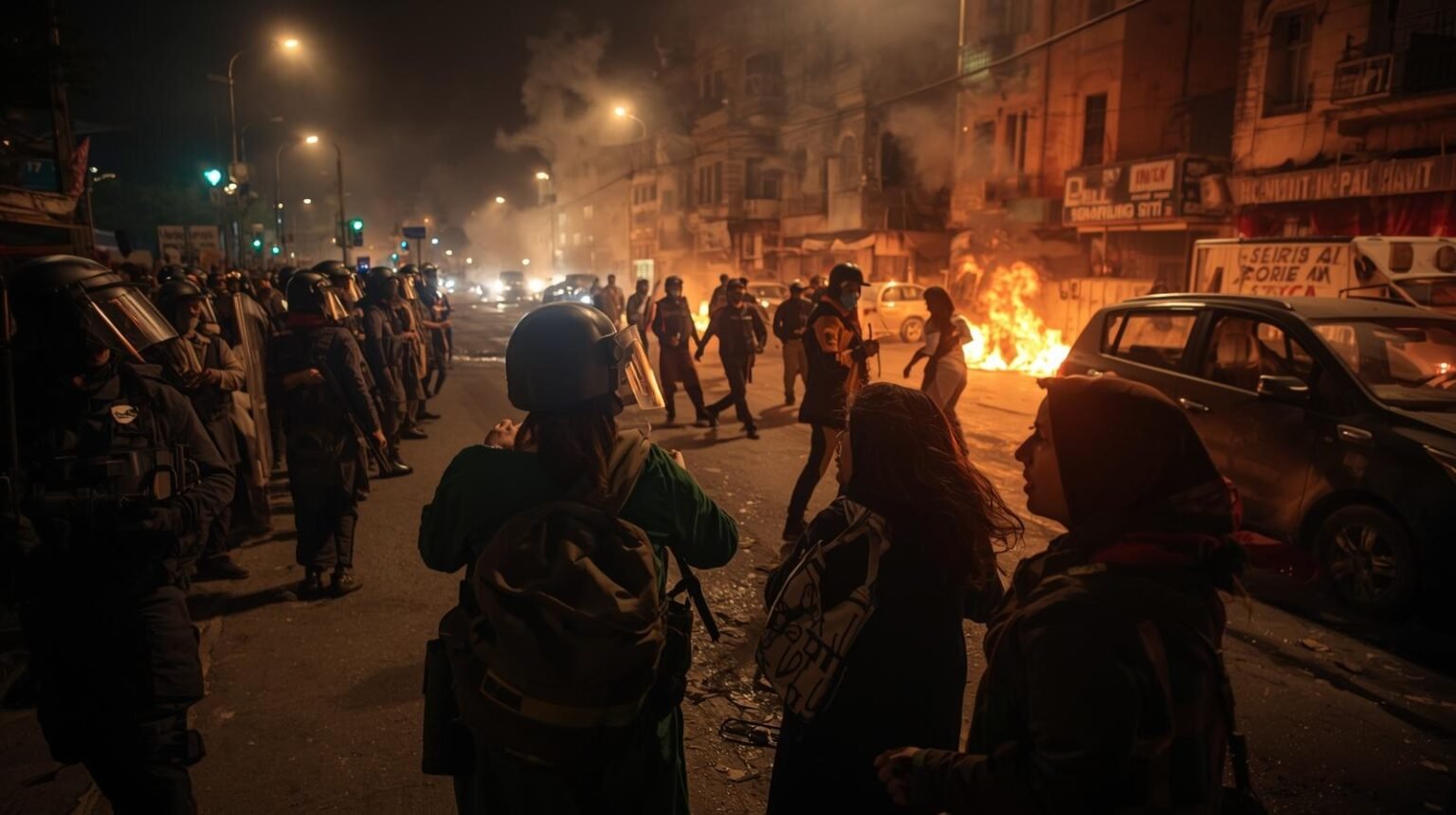 Crowds and police clash during Lahore protests 2025 at night, with tear gas and burning vehicles.