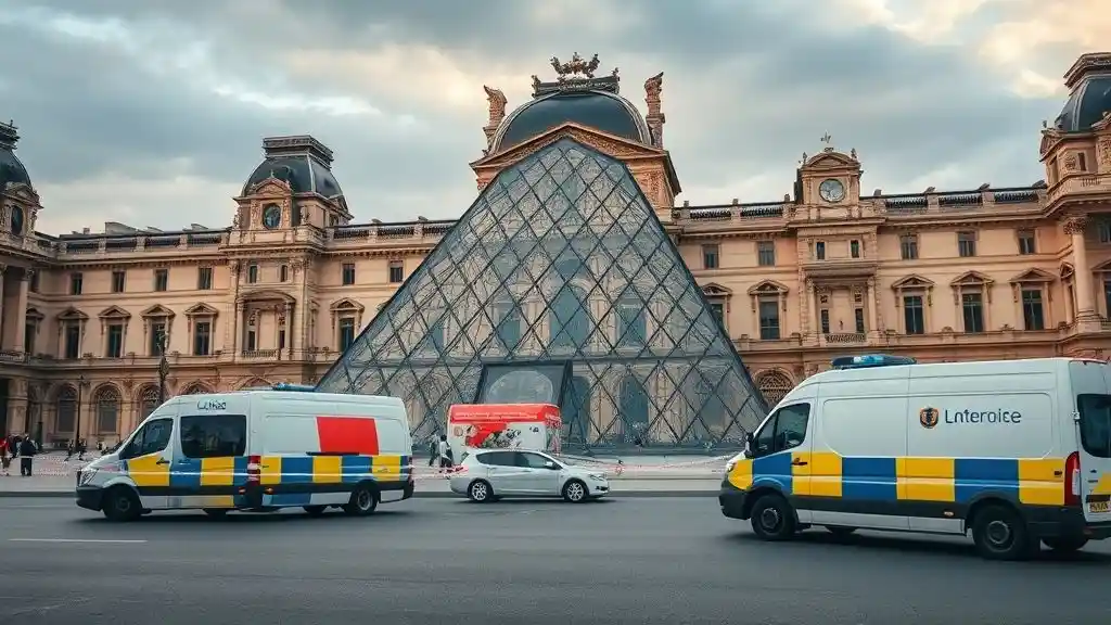 Louvre Museum after 2025 robbery with police tape and emergency response