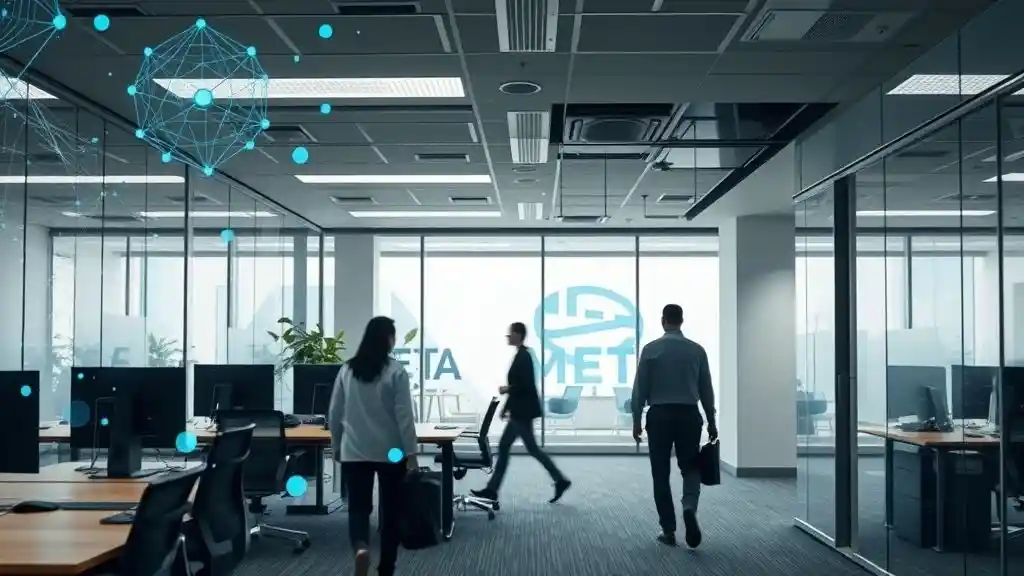 Meta headquarters with digital AI graphics representing layoffs and innovation restructuring.