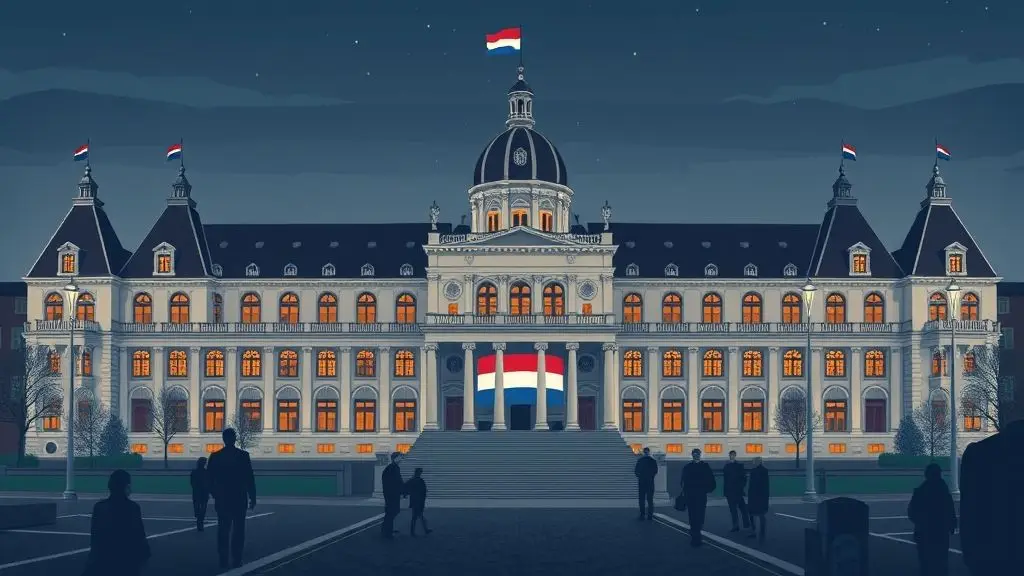 Netherlands Election results 2025 showing D66 leading and PVV losing seats amid coalition talks in The Hague.
