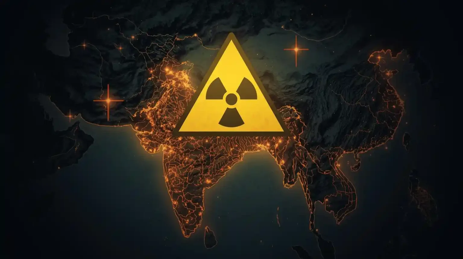 Nuclear warning symbol over a map of South Asia highlighting India.