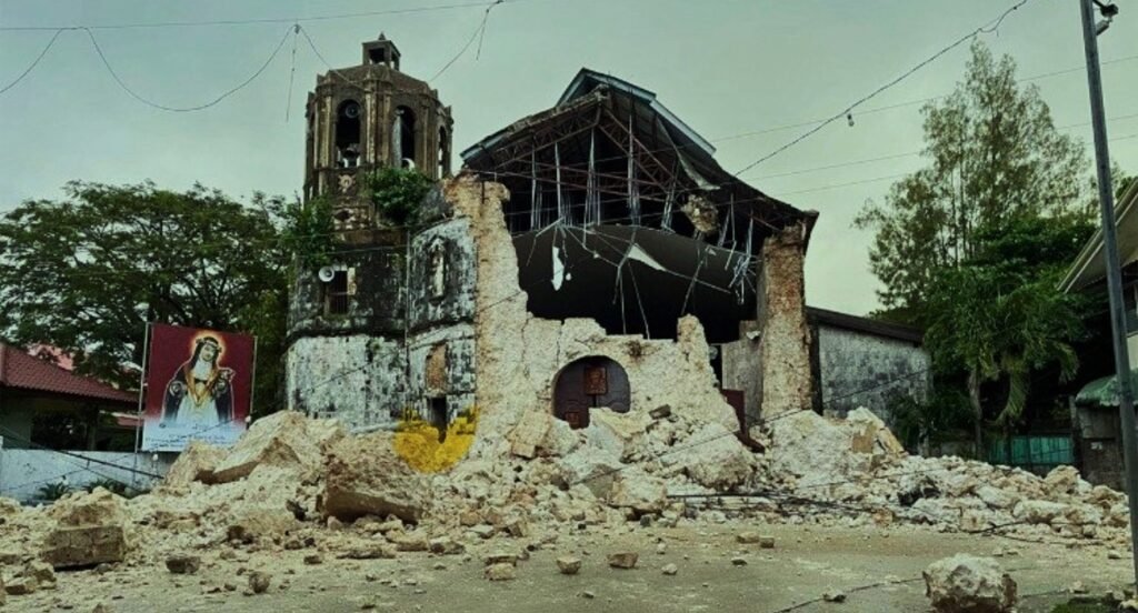 Damaged church in Cebu after the 6.9-magnitude Philippines Earthquake 2025, showing collapsed roof and debris around the building.