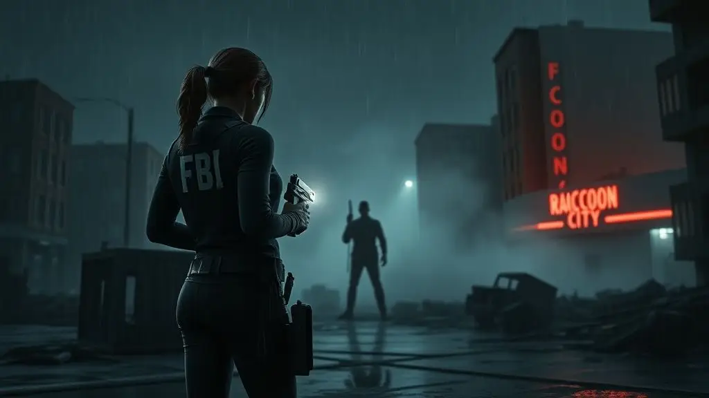 Resident Evil Requiem main character Grace Ashcroft exploring the ruins of Raccoon City under eerie red light.