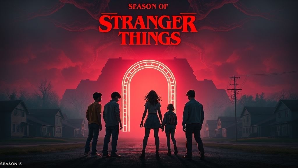 Stranger Things Season 5 poster showing Eleven, Hawkins town, and Vecna’s looming shadow.