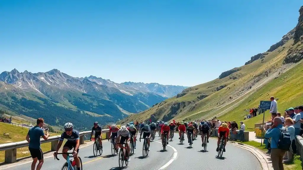 Peloton climbing Alpe d’Huez during the 2026 Tour de France with cheering fans and alpine scenery