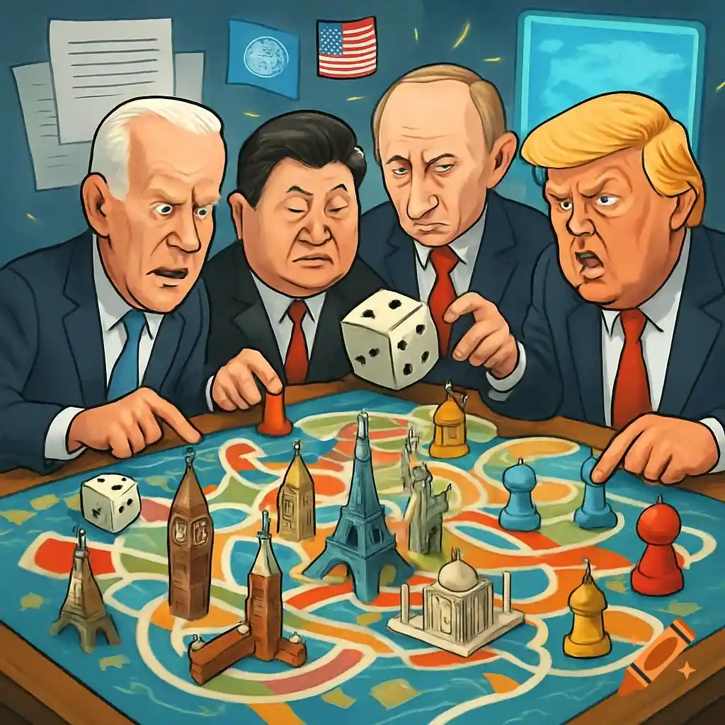 Donald Trump speaking at a podium with a world map highlighting BRICS countries (Brazil, Russia, India, China, South Africa).