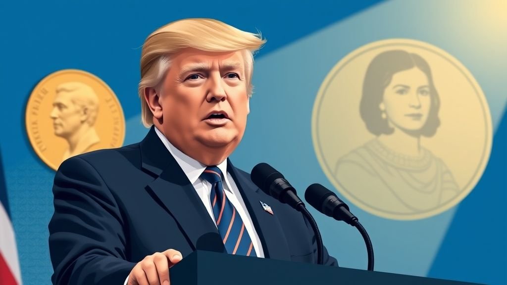 Donald Trump speaking at a podium with a faint image of María Corina Machado and a Nobel Peace Prize medal in the background.