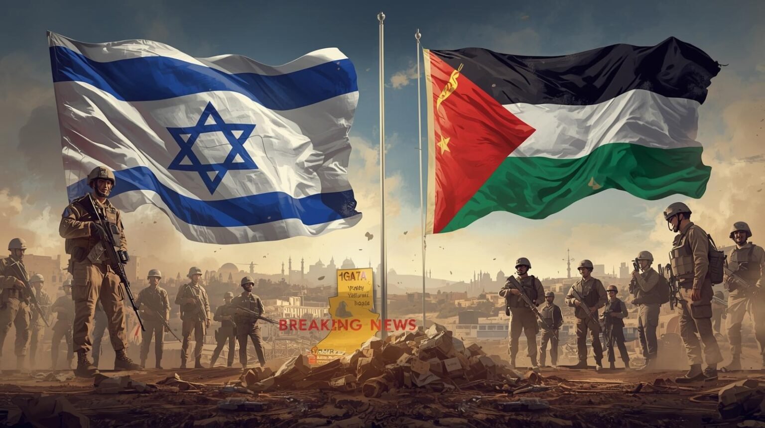 Realistic news illustration showing Israel-Gaza ceasefire with Israeli and Palestinian flags, IDF soldiers, and map of Gaza — representing Trump on the ceasefire and ongoing peace talks.