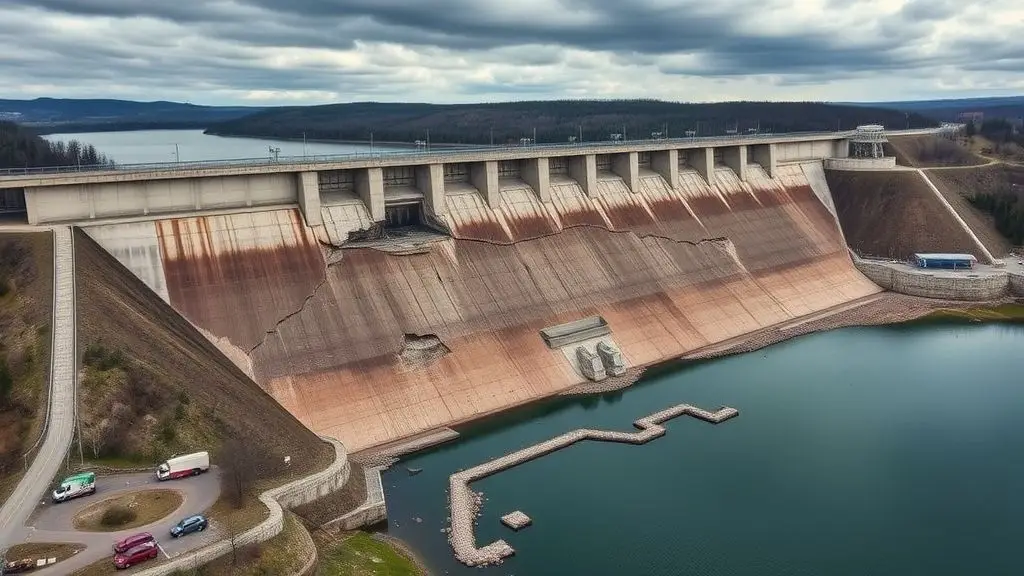 Aerial view of Belgorod Reservoir Dam damaged after Ukraine strike in 2025