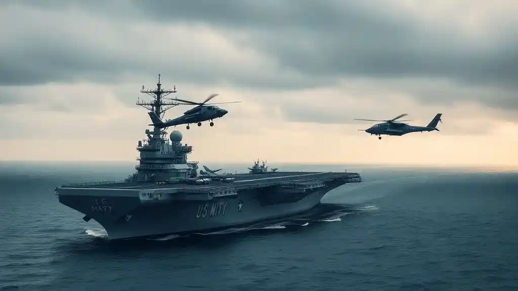 U.S. Navy USS Nimitz aircraft carrier with helicopter and jet during South China Sea operations amid twin crash investigation.