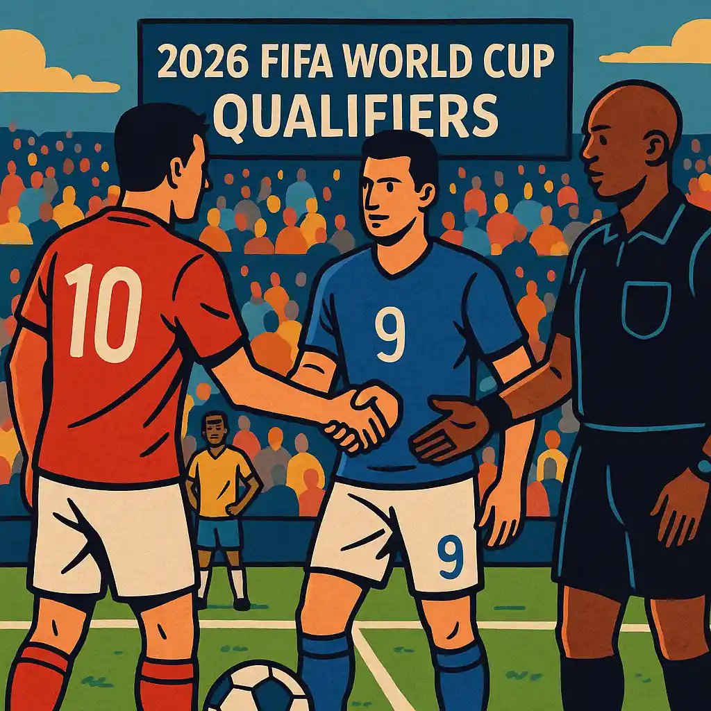 Illustration of two football players shaking hands before a 2026 FIFA World Cup qualifier, with a referee standing beside them in a crowded stadium.