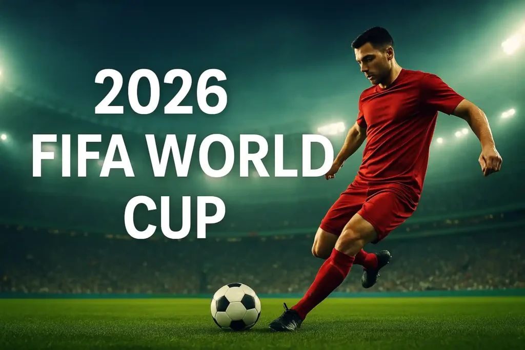 A football player in a red kit prepares to strike a ball on a brightly lit stadium field, with the text “2026 FIFA World Cup” displayed beside him.