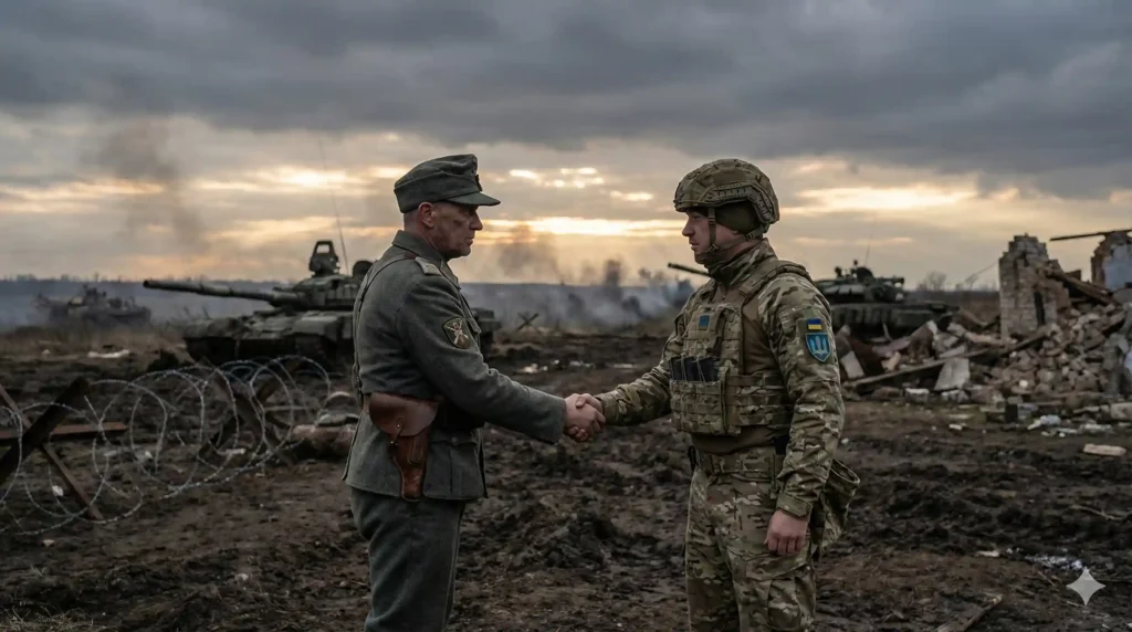 AI-generated image of two opposing soldiers shaking hands on a muddy battlefield at dusk, symbolizing truce and cooperation as envisioned in the 28-point peace plan.